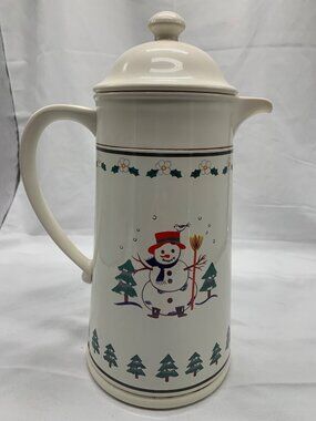 Pfaltzgraff Snow Village Winter Scene Coffee Carafe With Lid Snowman Design